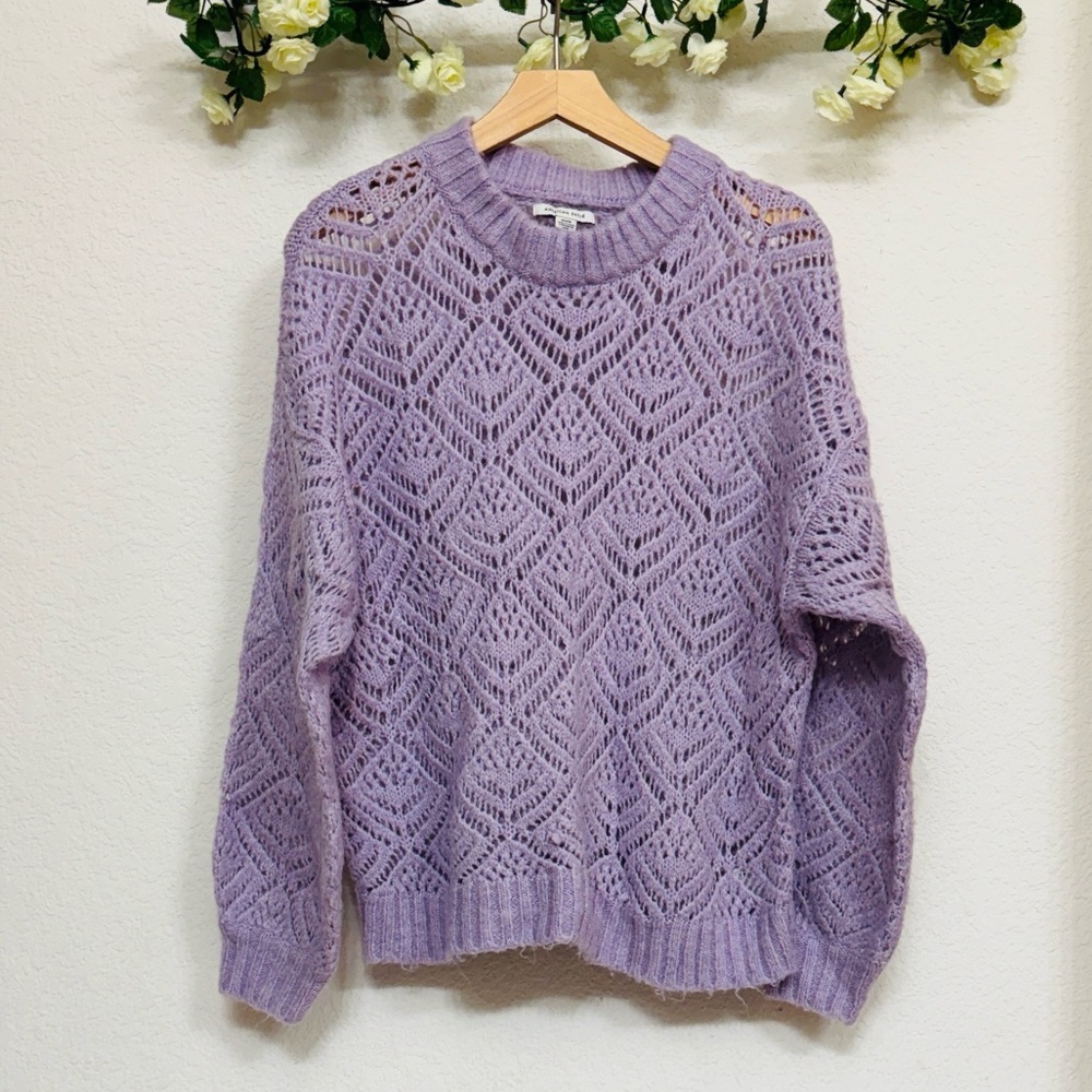 American Eagle • Lavender Open Knit Crochet Sweater Oversized Boho Pullover
